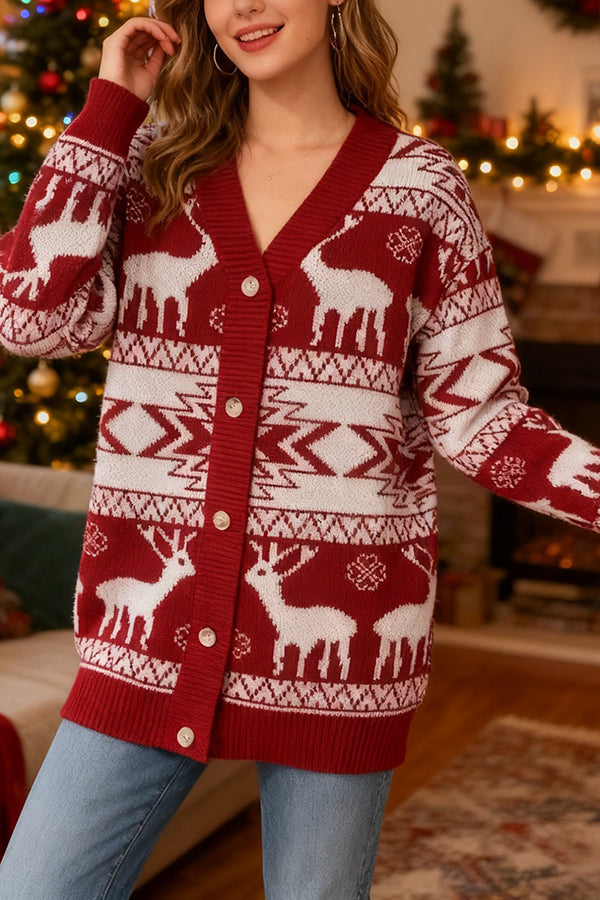 Christmas Reindeer Pattern Loose Long-sleeved Knit Cardigan