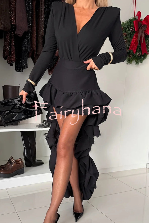 Toast To Midnight Solid Color High Rise Irregular Ruffled High Low Maxi Skirt