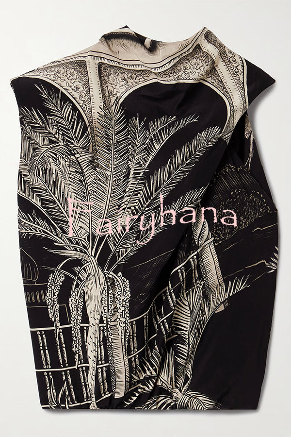 Satin Botanical Print Sleeveless Lounge Top and Midi Skirt Set