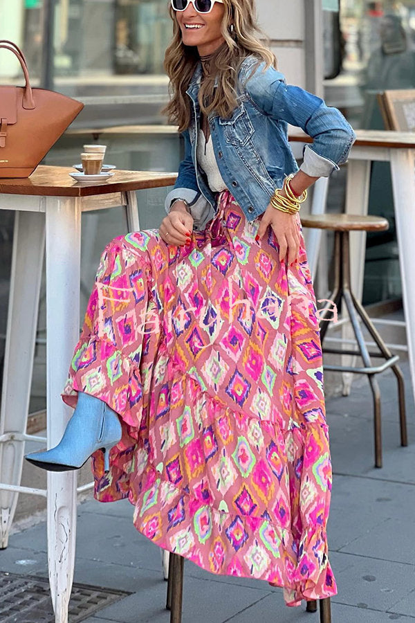Courtyard Dreaming Bohemian Print Elastic Waist Tassel Maxi Skirt