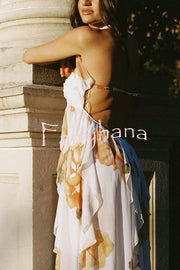 Mariah Floral Print Starfish Brooch Inverted Halter Neck Slit Ruffles Maxi Dress