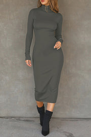 Solid Color Casual Long Sleeve High Neck Slim Midi Dress