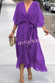 Solid Color V-neck Bat Sleeve Lace-up Irregular Hem Midi Dress