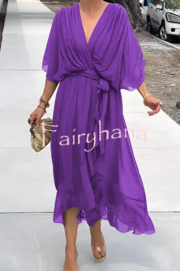 Solid Color V-neck Bat Sleeve Lace-up Irregular Hem Midi Dress