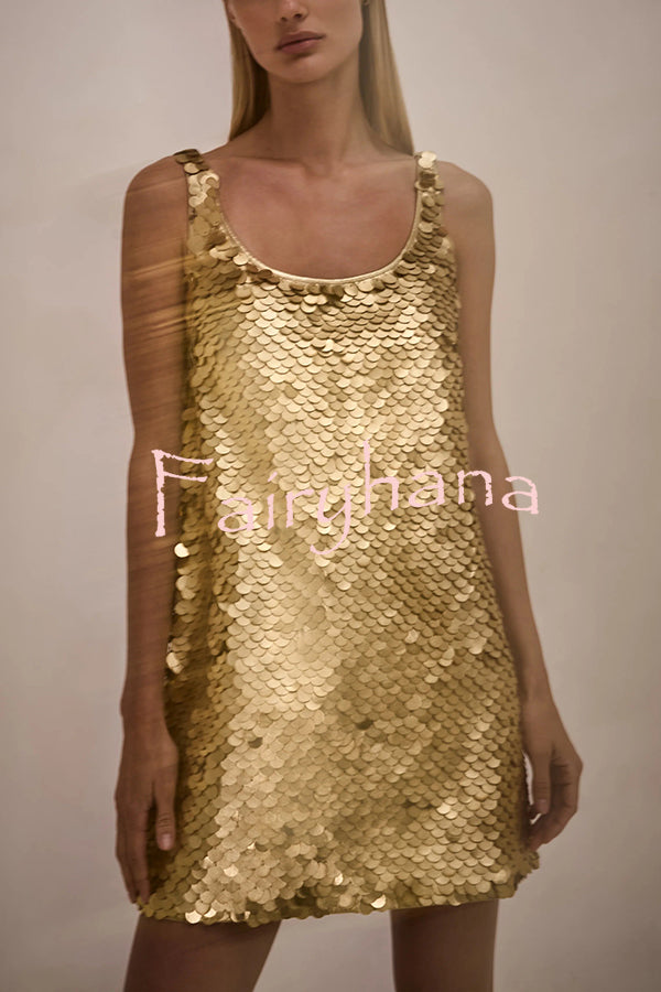 Golden Charm Impact Large Sequins Scoop Neck Tank A-line Mini Dress