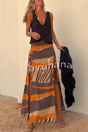 Bendita Colorblock Print Elastic Waist Side Lace-up Slit Maxi Skirt