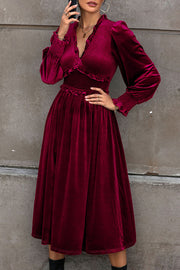 Solid Color Velvet Pleated Ruffled V-neck Long Sleeve Elegant Midi Dress