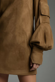 Stylish Suede High-Neck Long-Sleeved Casual Pocket Mini Dress