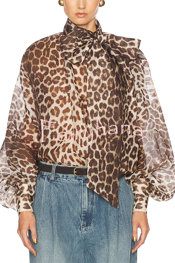 Arianne Chiffon Leopard Print Bow Neck Long Balloon Sleeve Loose Blouse