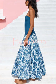 Dottie Colorblock Floral Print Drop Waist Gathered Strapless Maxi Dress