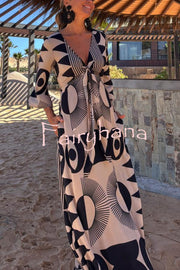 Unique Print V-Neck Tie Loose Pocket Casual Maxi Dress