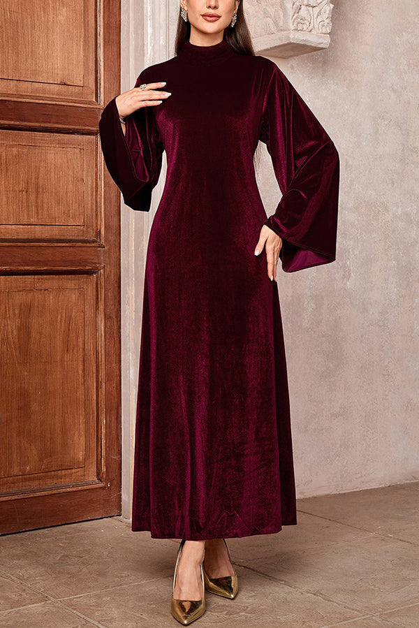 Solid Color Velvet Bell Sleeves Tie Waist Elegant Maxi Dress