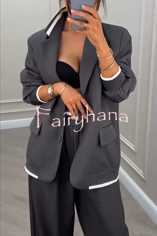 Fashion Sports Style Ribbed Colorblock Lapel Blazer and Elastic Waist Pocket Loose Pants Set