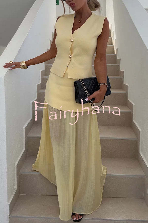 Stylish and Elegant Knit Spliced Tulle Elastic Waist Pleated Maxi Skirt