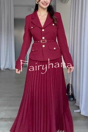 Solid Color Lapel Button Belt Blazer and Pleated Casual Maxi Skirt Set