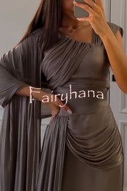 Solid Color Satin Sleeveless Waist Elegant Pleated Ribbon Maxi Dress