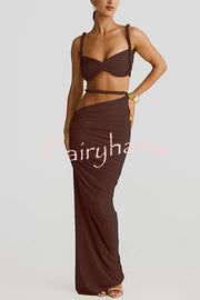 Sexy Halter Back Braided Suspender Top and Beach Holiday Style Hip-wrapped Maxi Skirt Set