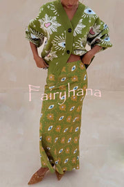 Mysterious Magic Satin Eye Heart Pattern Elastic Waist Drape Maxi Skirt