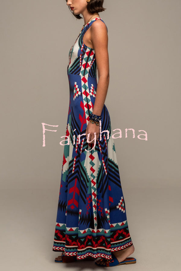 Unique Printed Round Neck Sleeveless Holiday Maxi Dress
