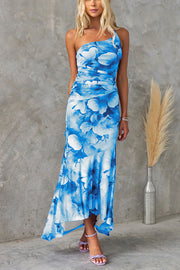Deja Mesh Overlay Floral Print One Shoulder Ruched Stretch Maxi Dress