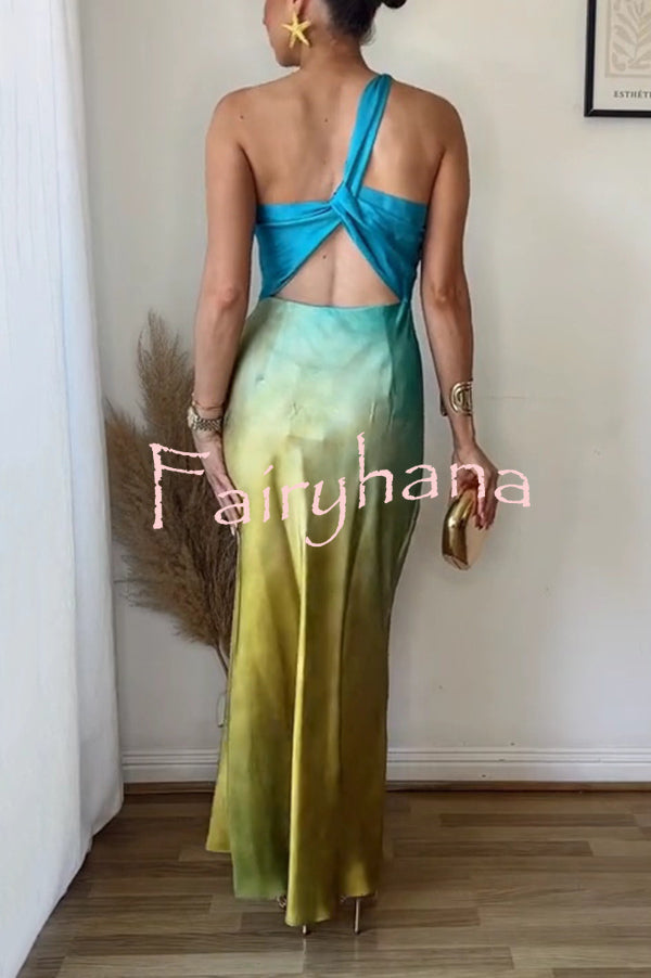 Satin Ombre One Shoulder Backless Fitted Maxi Dress