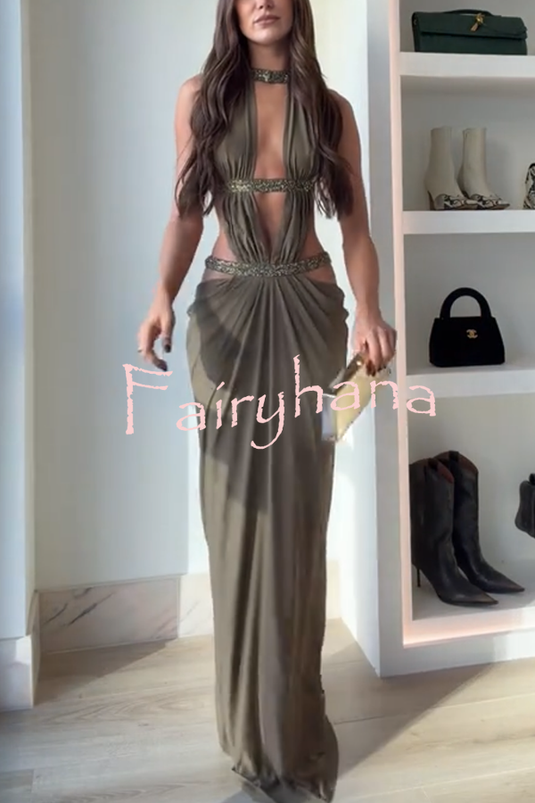Khaki Hot-fix Rhinestone Shoulder Strap Cutout Design Backless Drape Maxi Dress