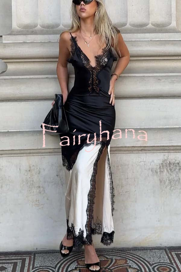 Soft and Romantic Satin Lace Trim Colorblock V-neck Side Slit Maxi Dress