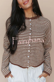Fashionable Contrast Striped Casual Long-sleeved Knitted Cardigan