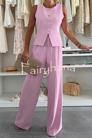Workplace Chic Sleeveless Button Vest and Relaxed Pocket Wide Leg Pants Set