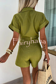 Relaxing Beach Linen Blend Solid Color Wrap Loose Shirt Romper