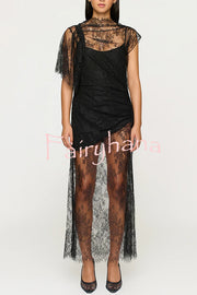 Romantic Statement Lace One Shoulder Bell Sleeve Asymmetrical Maxi Dress
