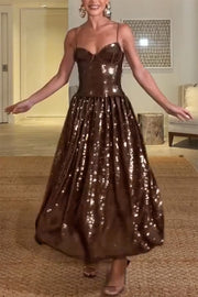 Enchanted Night Sequin Low-cut Corset Balloon Hem Slip Midi Dress