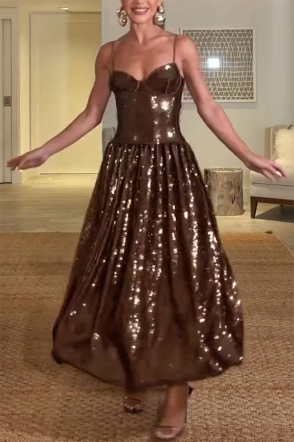 Enchanted Night Sequin Low-cut Corset Balloon Hem Slip Midi Dress
