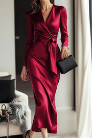 Solid Color Satin V-neck Long Sleeve Waist Tie Slim Midi Dress