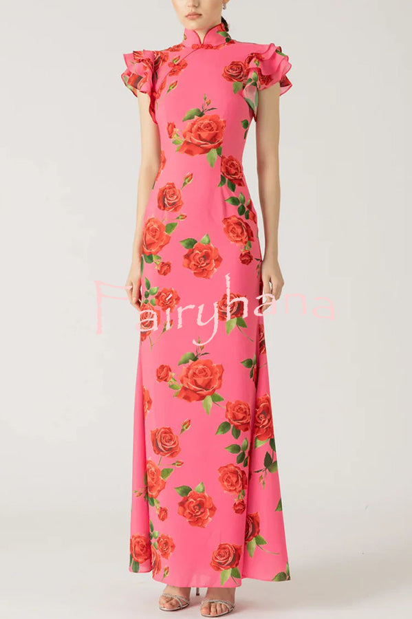 Cheongsam Style Rose Floral Print Tiered Flare Sleeve Stretch Maxi Dress