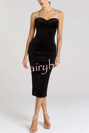 Harley Luxurious Velvet Fabric Jewel-embellished Shoulder Straps Midi Dress