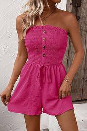 Solid Color Tube Top Button Pleated Casual Rompers