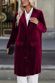 Solid Color Velvet Lapel Long-sleeved Casual Button Mid-length Coat