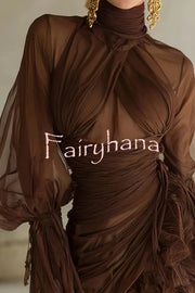 Sexy See-through Tulle High-neck Waist Pleated Ruffle Mini Dress