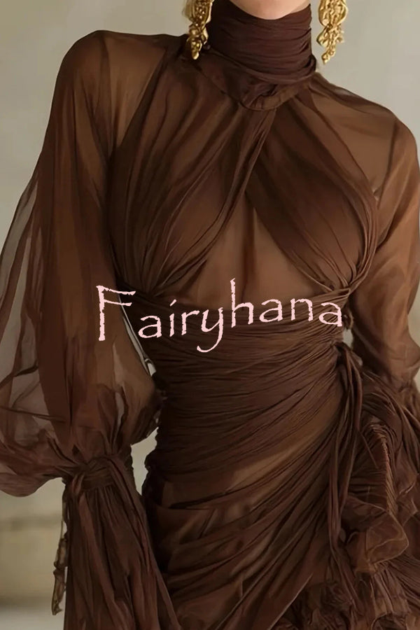 Sexy See-through Tulle High-neck Waist Pleated Ruffle Mini Dress