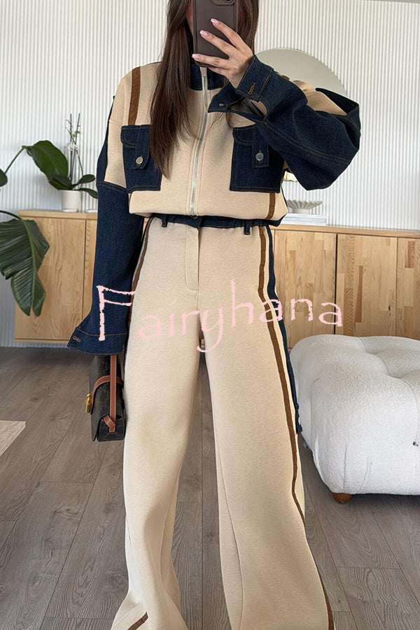 Chill Whispers Denim Patchwork Sweatshirt Fabric Striped Elastic Waist Pocket Loose Pants