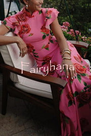 Cheongsam Style Rose Floral Print Tiered Flare Sleeve Stretch Maxi Dress