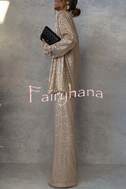 Party Scene Sequin High Rise Elastic Waist Wide Leg  Pants
