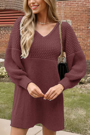 Solid Color V-neck Puff Sleeve Casual Knitted Mini Dress