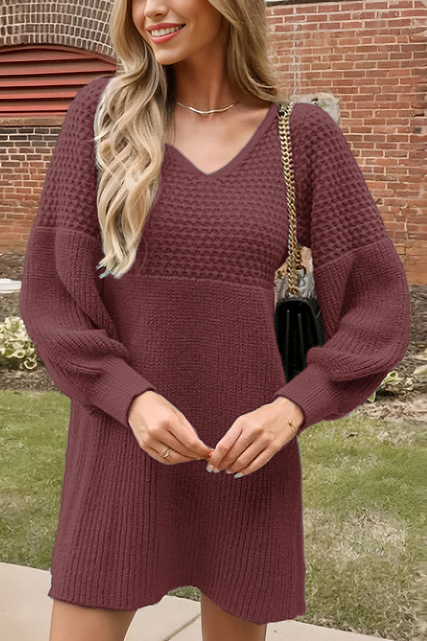 Solid Color V-neck Puff Sleeve Casual Knitted Mini Dress