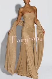 Paula Sequined Mesh and Jersey Off Shoulder Ruched Knot Drape Shawl Maxi Dress