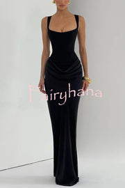 Larrah Square Neck Back Lace-up Satin Drape Hem Maxi Dress