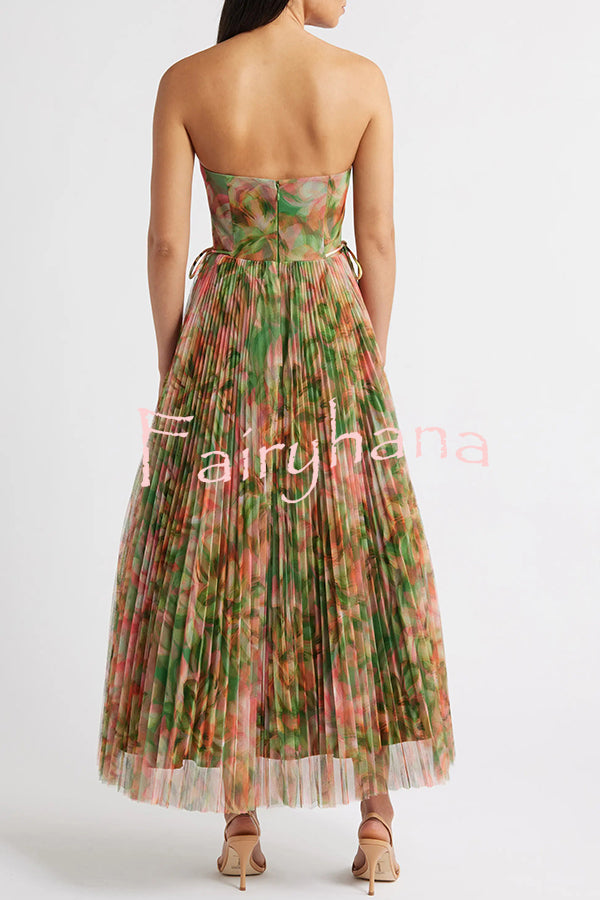 Romantic Factor Pleated Mesh Watercolor Print Bow Detail Strapless Maxi Dress