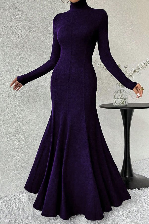 Solid Color High-neck Long-sleeved Slim-fit Fishtail Elegant Maxi Dress
