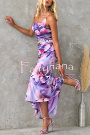 Deja Mesh Overlay Floral Print One Shoulder Ruched Stretch Maxi Dress